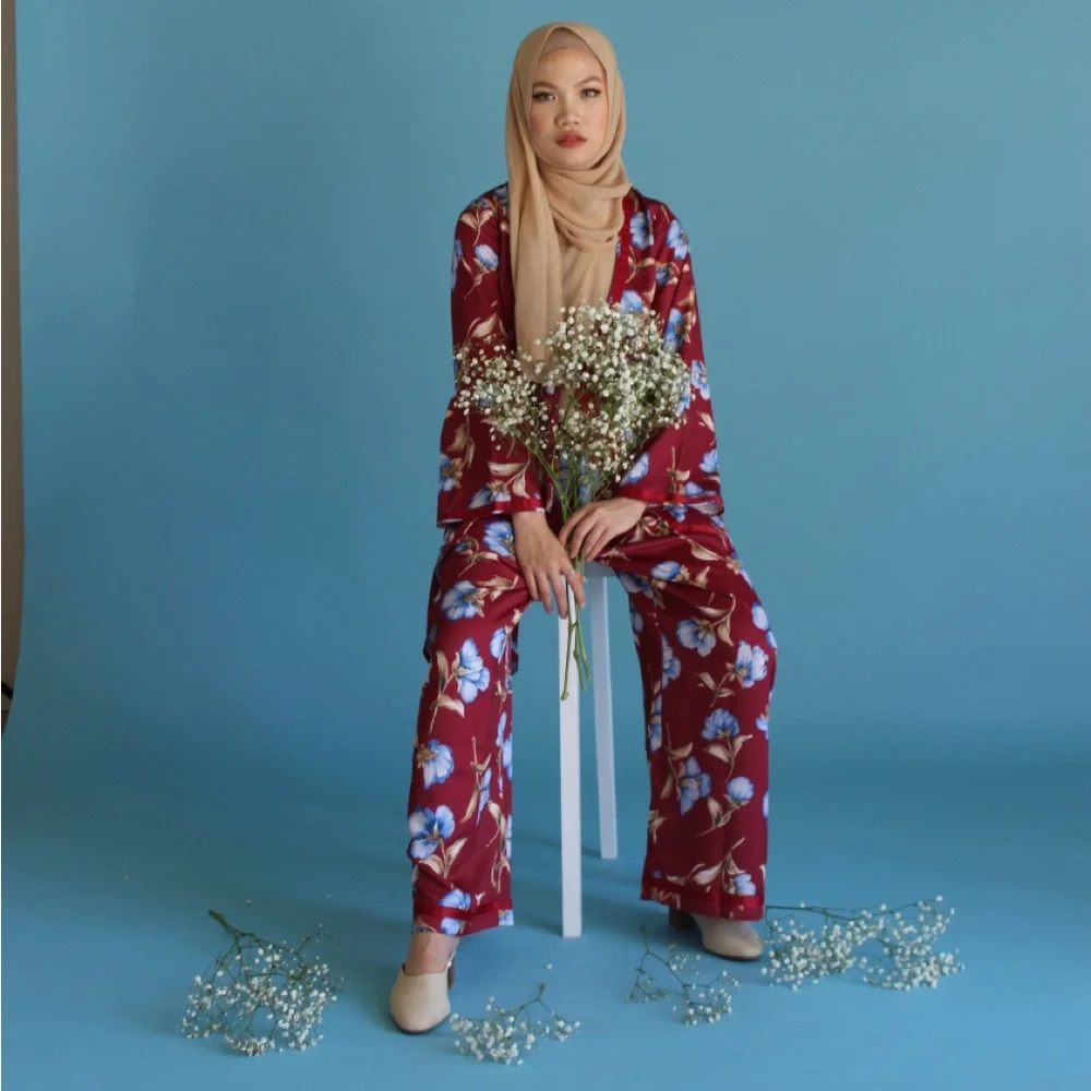 Maroon Floral Pajama midi cardigan and pant set - Picture 2 of 3